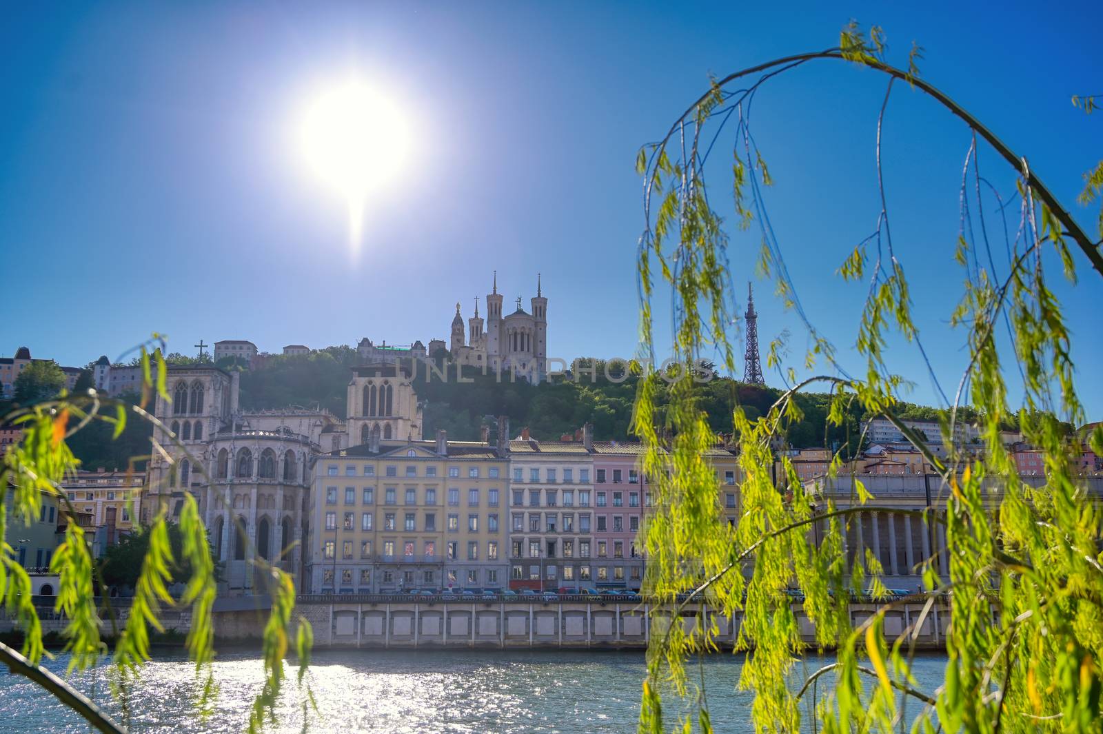 A view of Lyon, France along the Saone river in the afternoon.