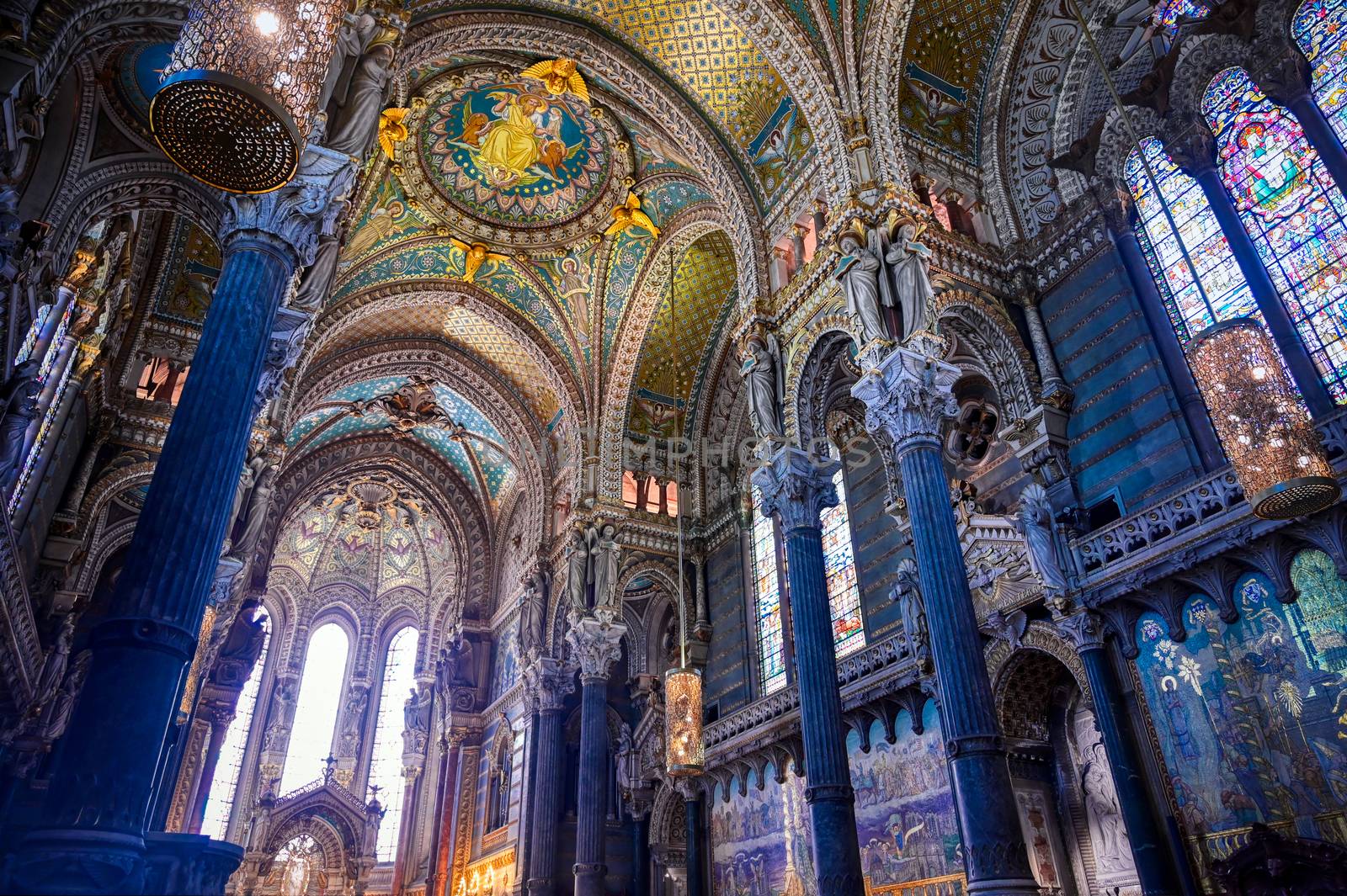 LYON, FRANCE -  JUNE 13, 2019 : The Basilica Notre Dame de Fourviere, built between 1872 and 1884, located in Lyon, France.