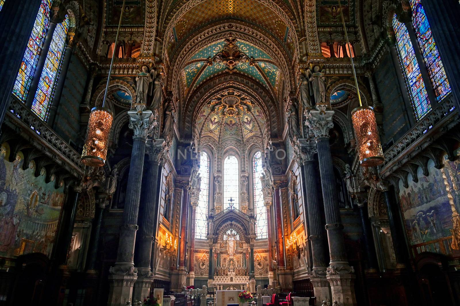 LYON, FRANCE -  JUNE 13, 2019 : The Basilica Notre Dame de Fourviere, built between 1872 and 1884, located in Lyon, France.