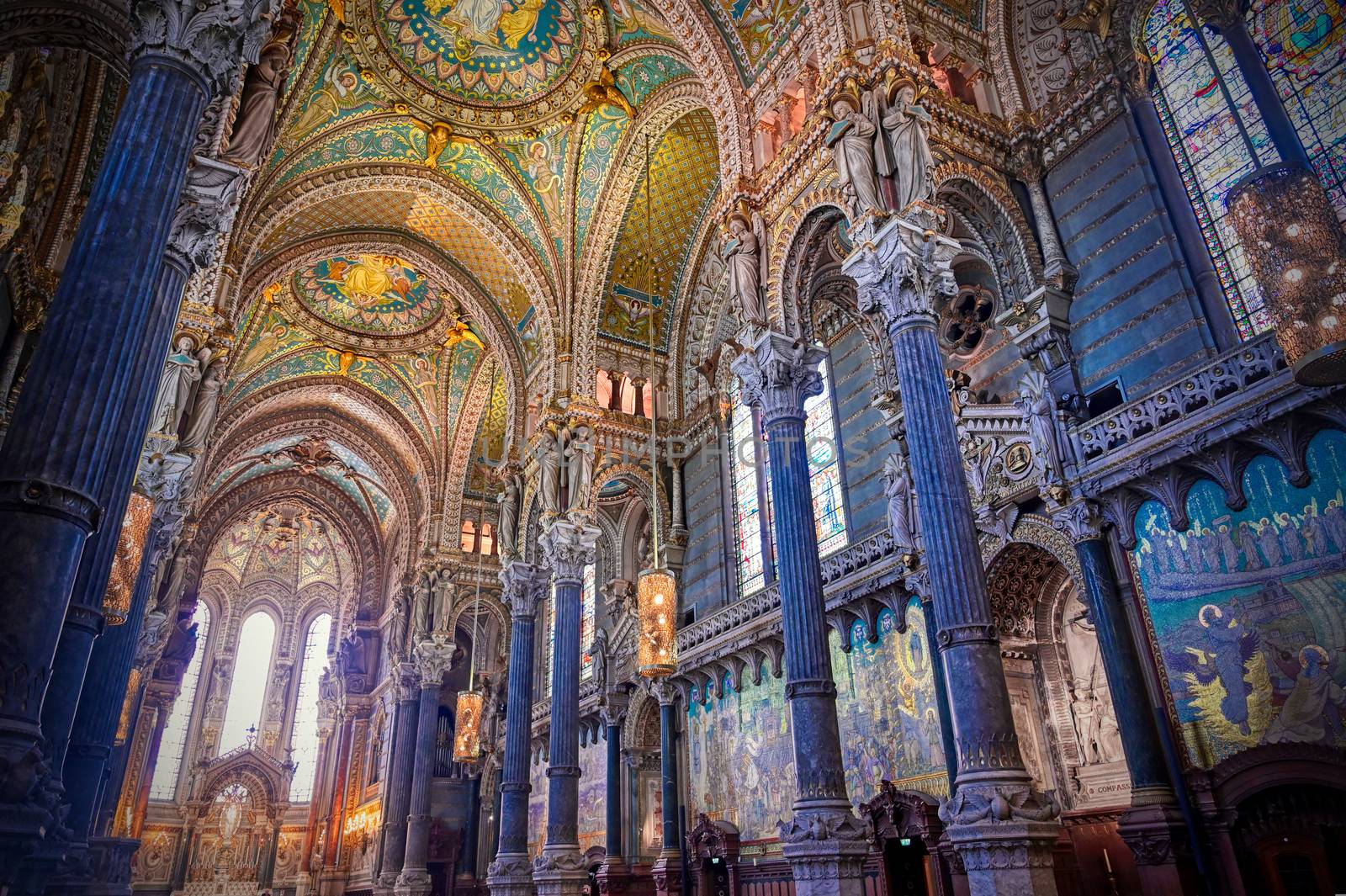 LYON, FRANCE -  JUNE 13, 2019 : The Basilica Notre Dame de Fourviere, built between 1872 and 1884, located in Lyon, France.