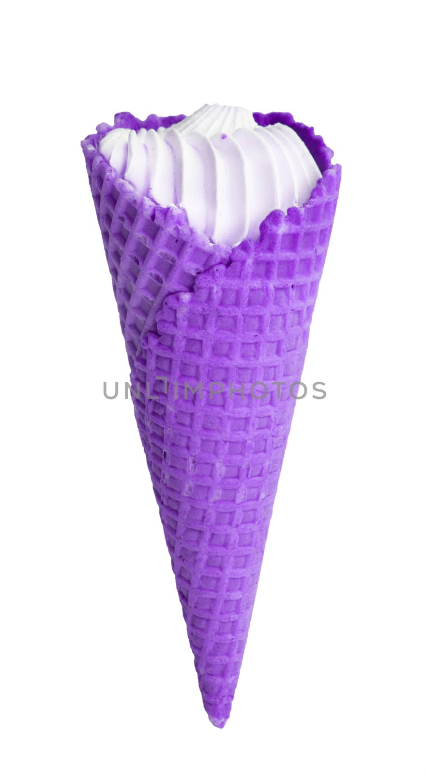 Purple waffle ice cream cone isolated on white background, vertical.