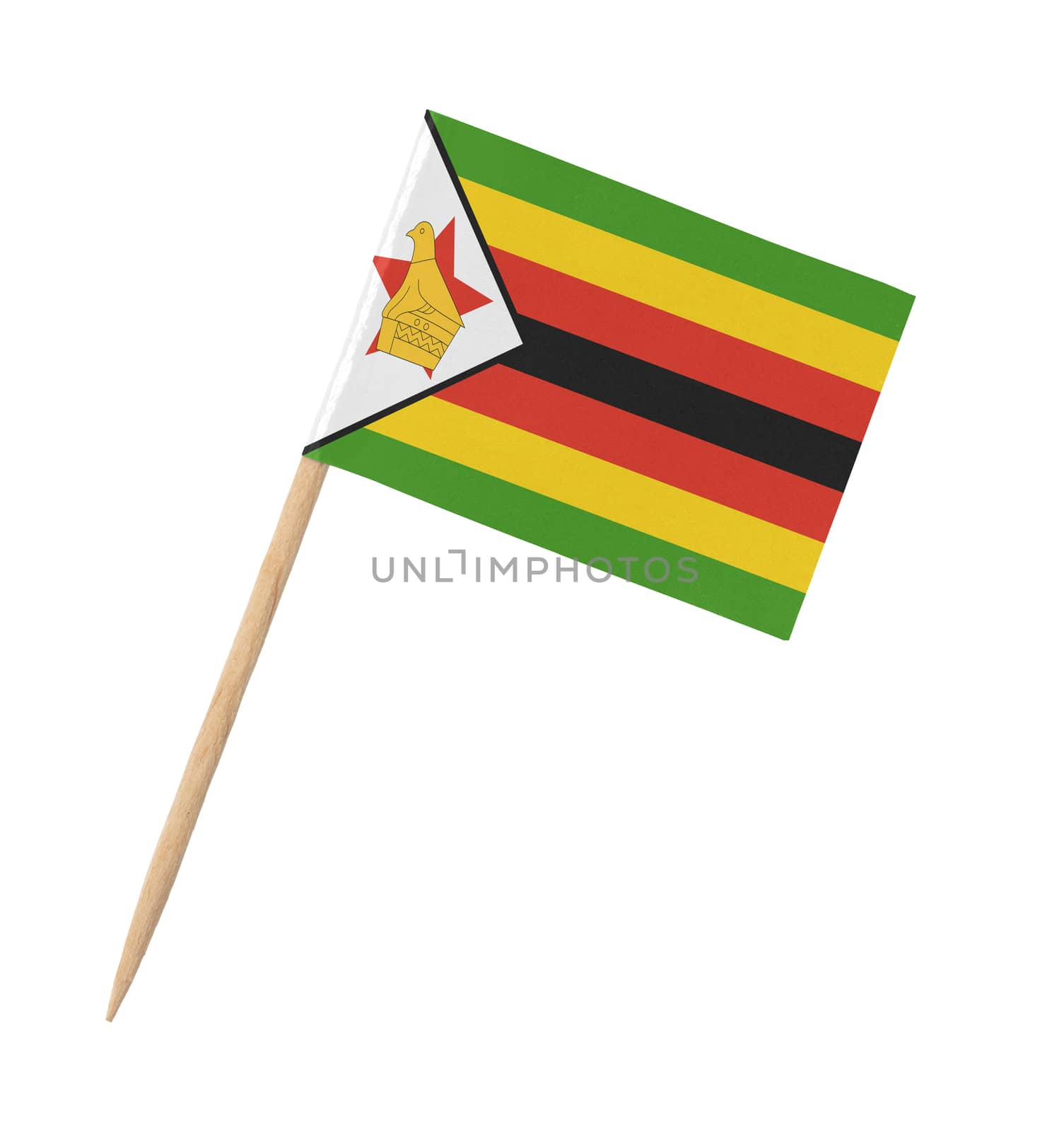 Small paper flag of Zimbabwe on wooden stick, isolated on white