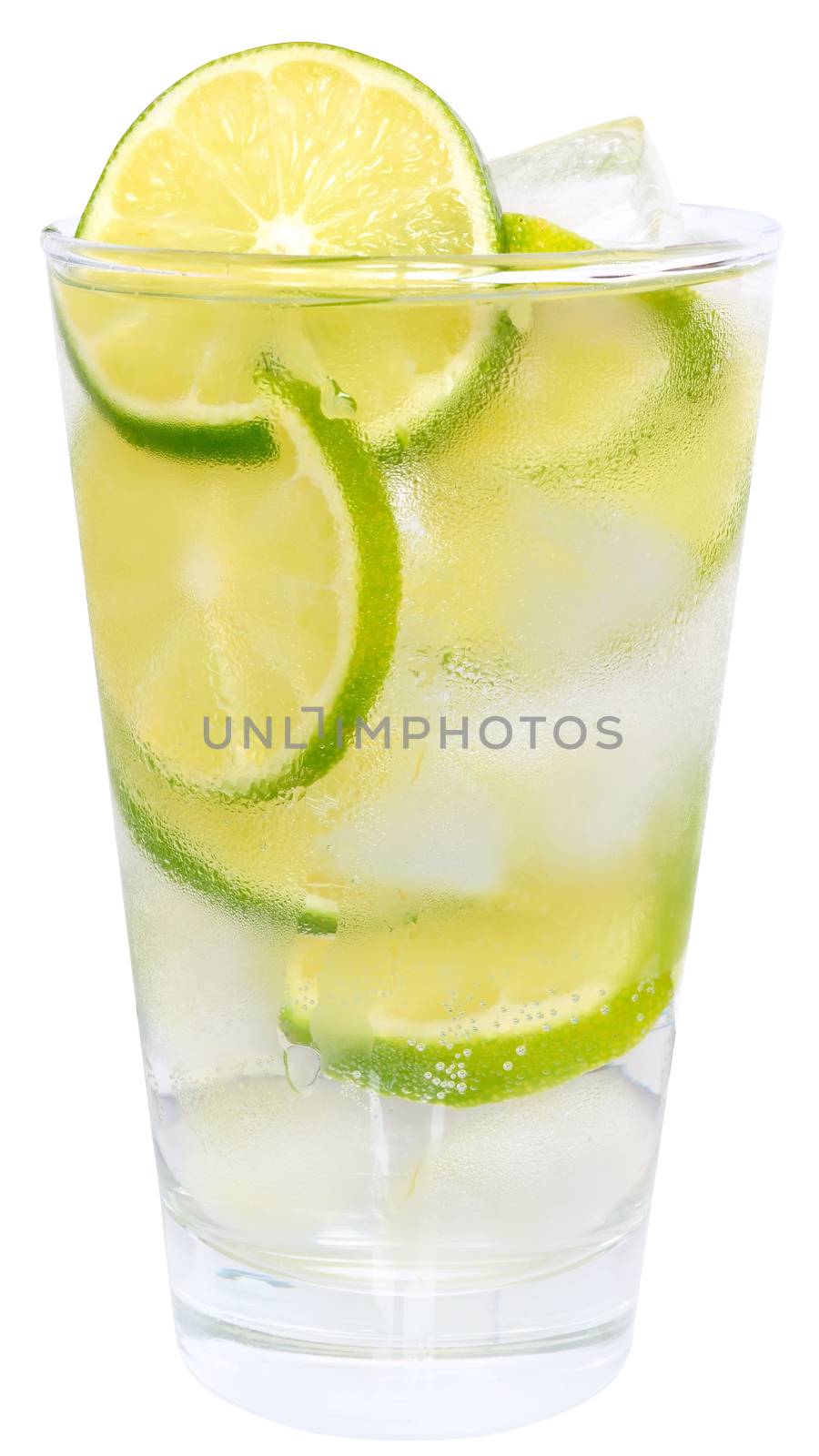 Fresh cold lemonade from lime with ice close up on a white background.