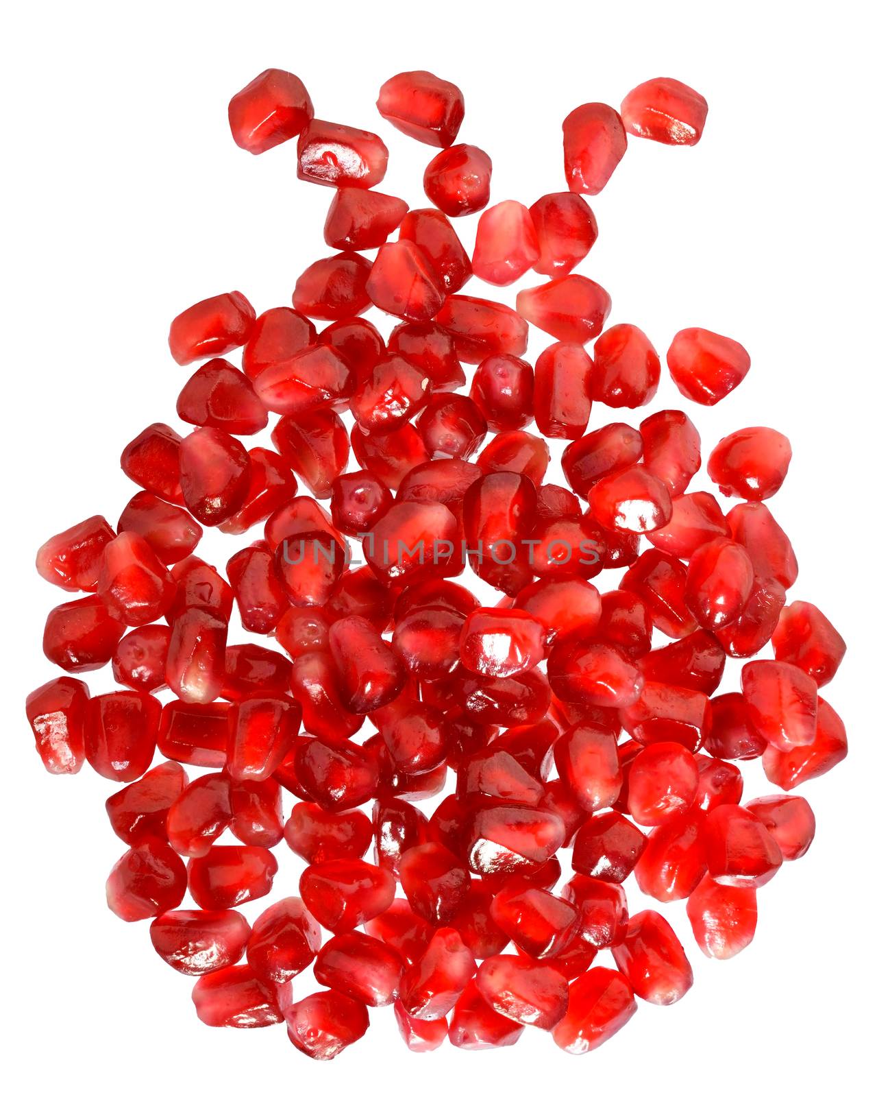 Cut the pomegranate with scattered grain isolated on white background.