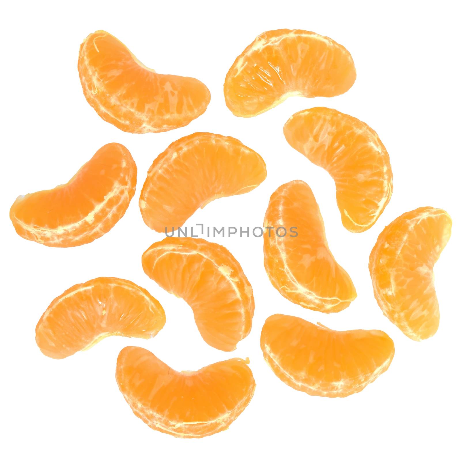 Ripe slice tangerines top view isolated on a white background