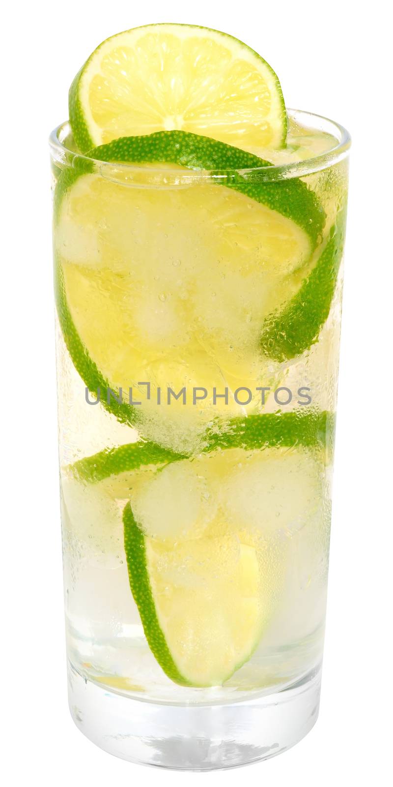 mojito cocktail with lime and ice cube on white background.