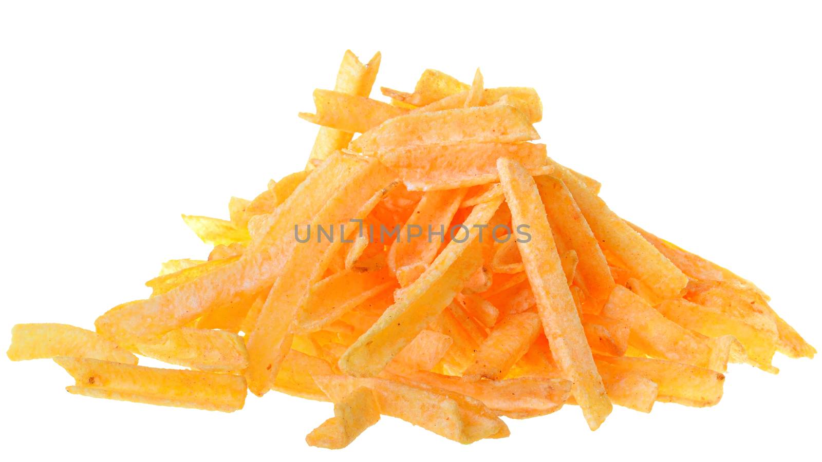 Potato chips with spices on white background.