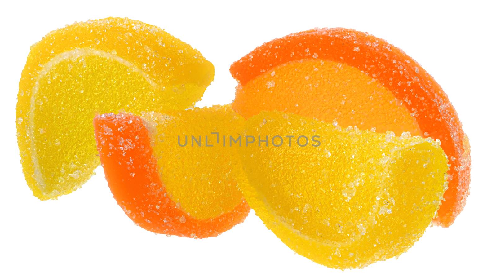 Red and yellow candy on a white background.