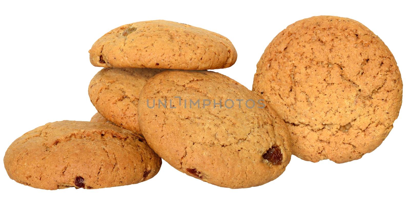 Appetizing chip cookies with raisins and candied fruit close-up isolated on white background. 