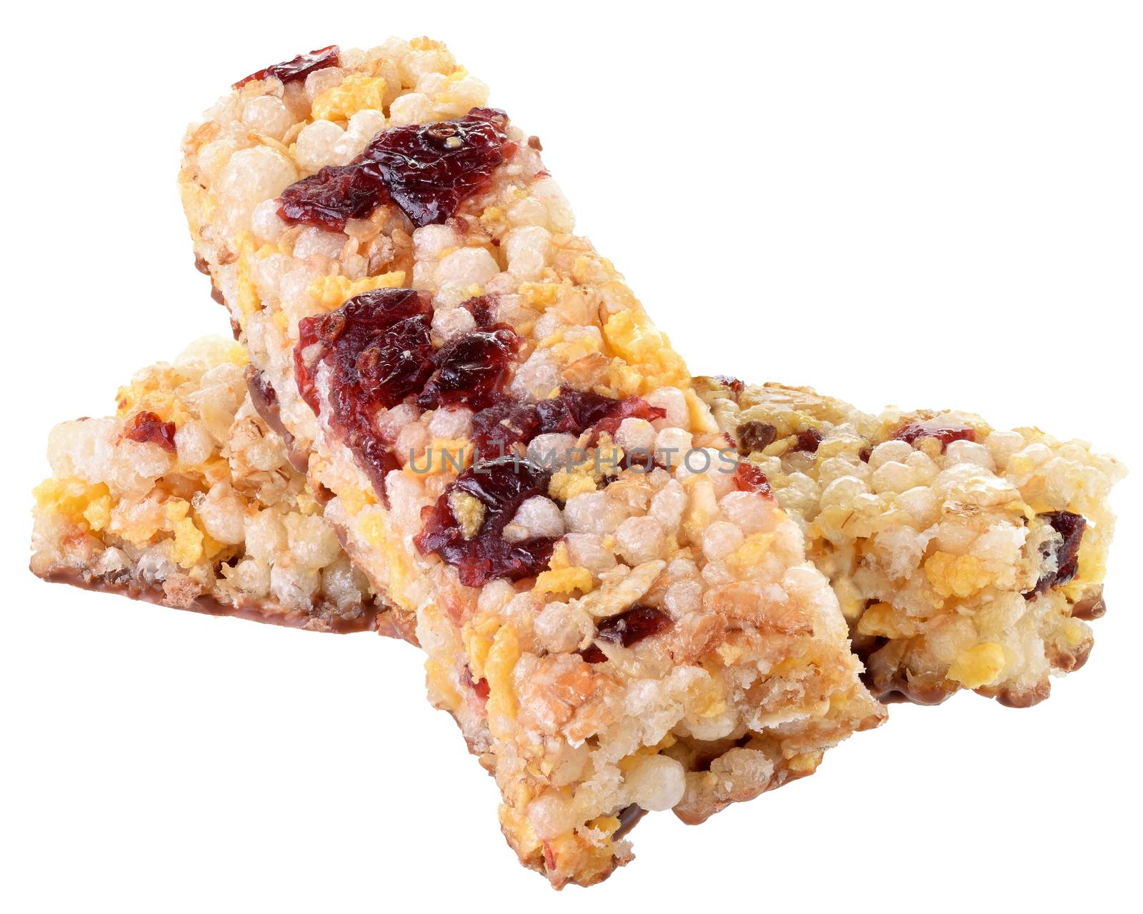 Whole-cereal bar with cranberries and puffed rice.