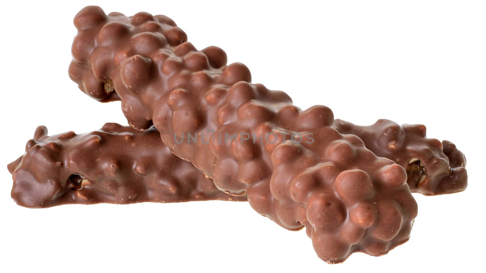  Chocolate bar with peanut, caramel and puffed rice isolated on a white background.