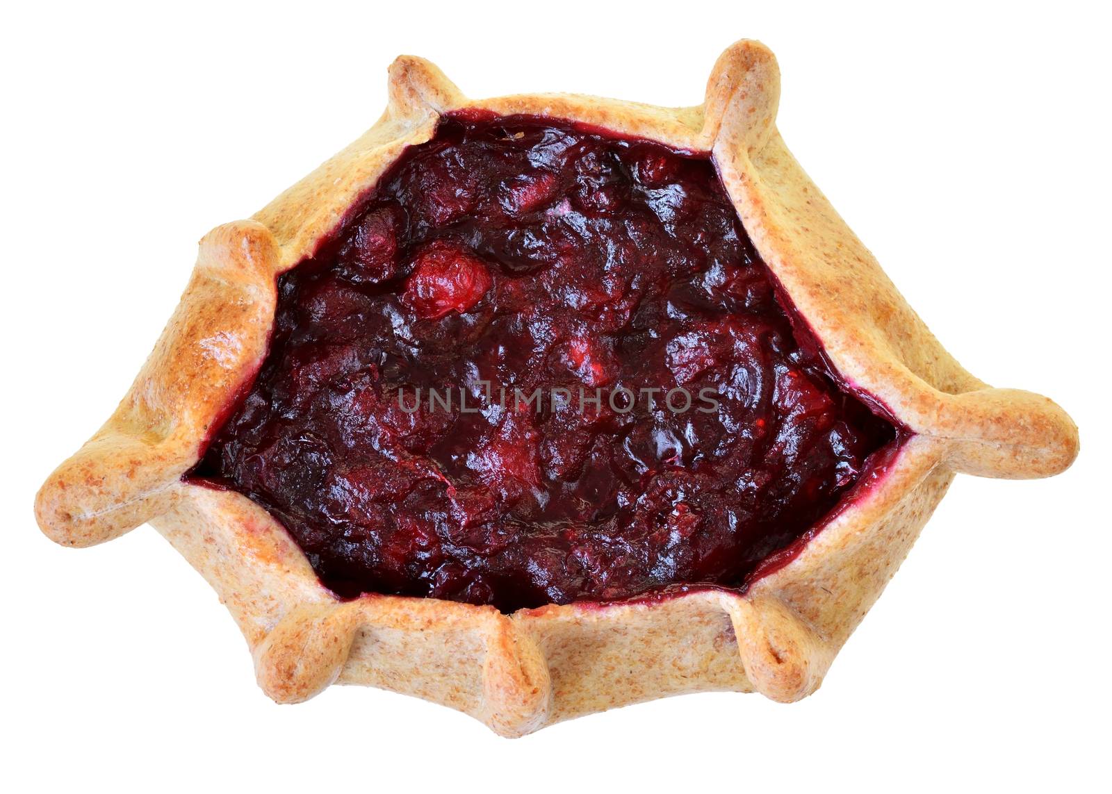 Open pie with berries filling Isolated on a white background.