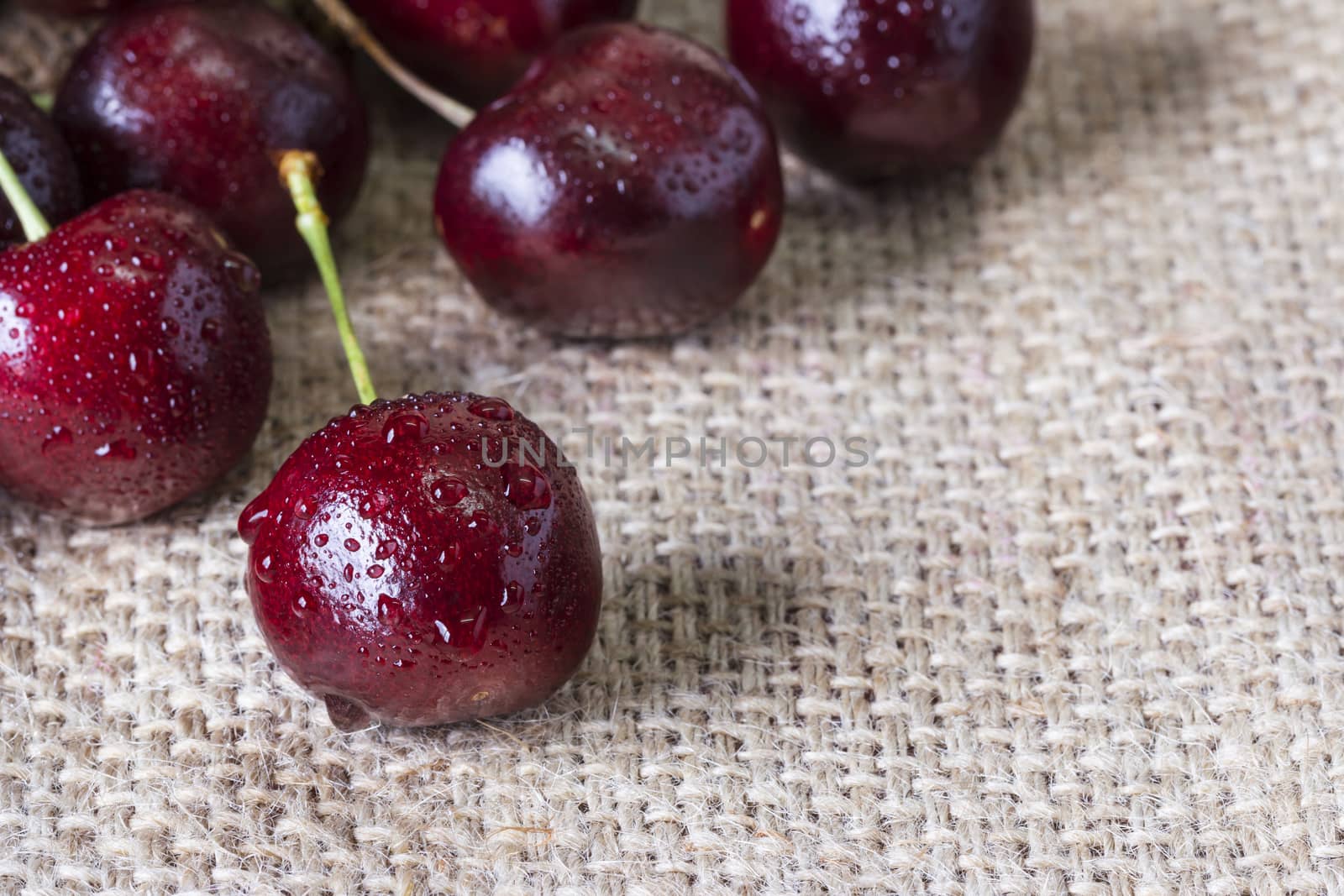 Red cherry with water drop on the sackcloth by Myimagine