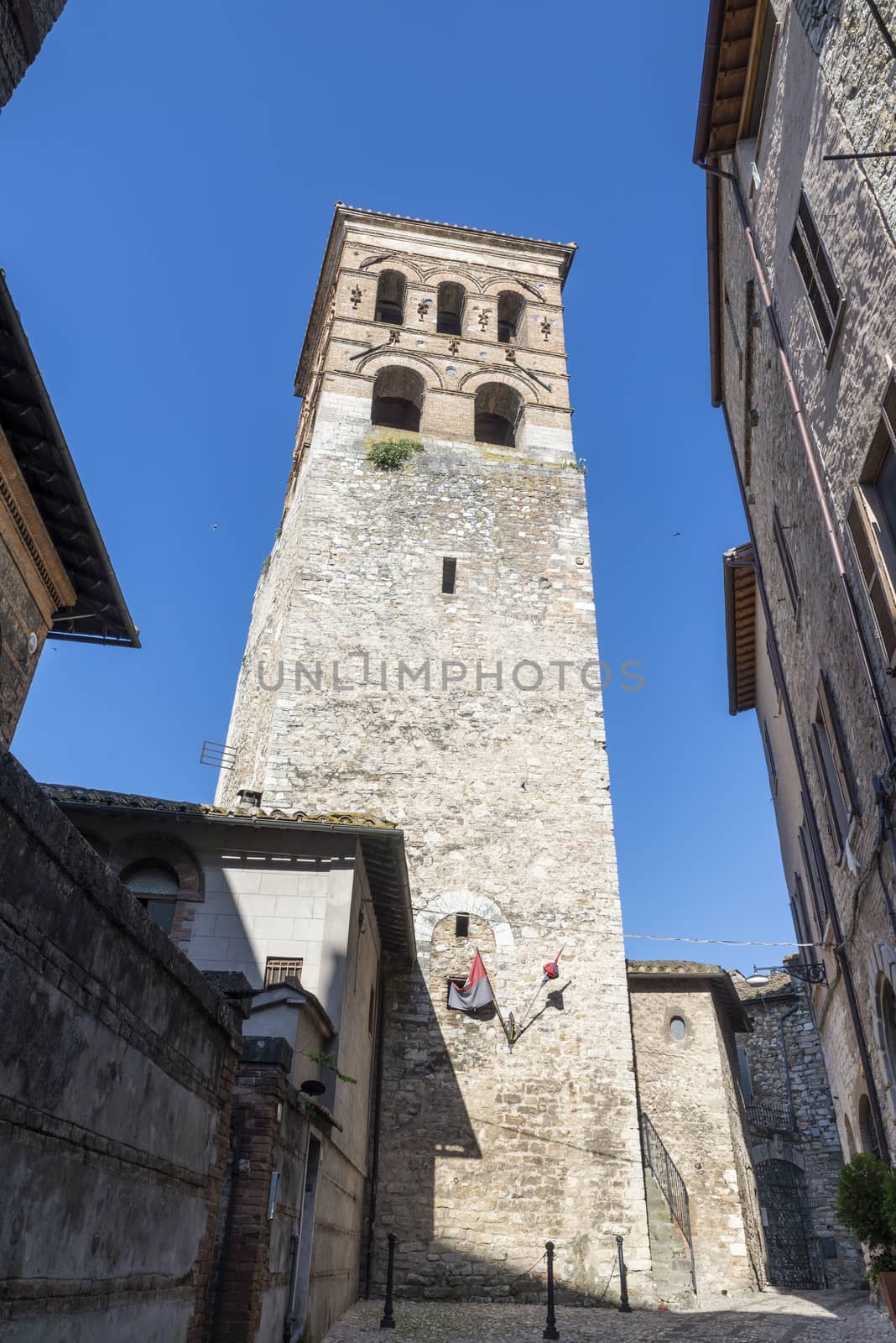 narni,italy june 29 2020 :bell tower of the cathedral of san giovenale of narni on a sunny day