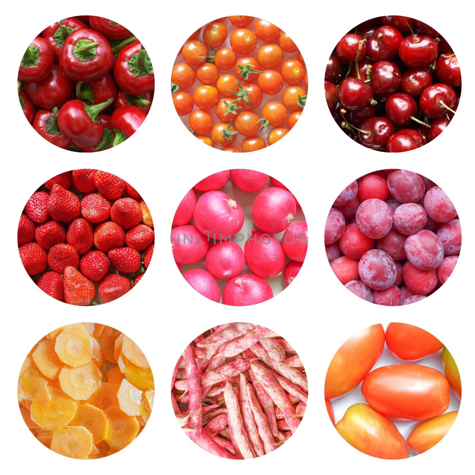 Vegetarian food collage: red fruits and vegetables including cherries, tomatoes, prunes, radish, beans, carrots