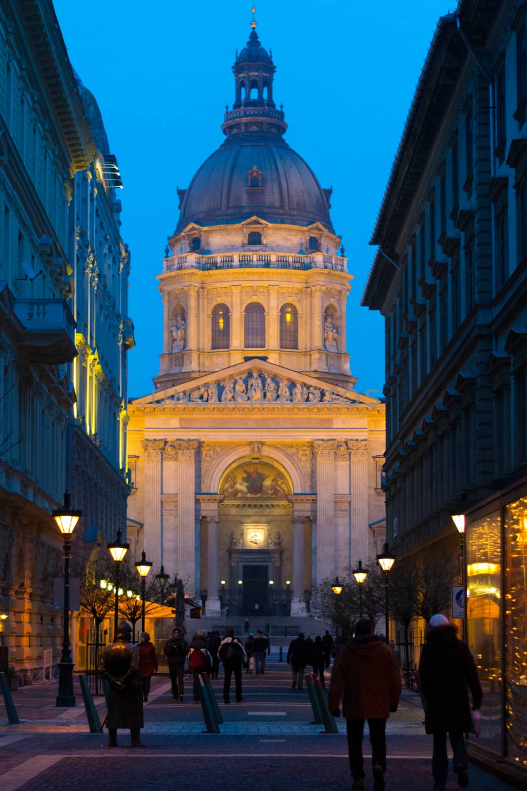 Budapest, Hungary, February 2013: Street view of Zrinyi ut, with Szent Istvan Bazilika, grand church, in the distance