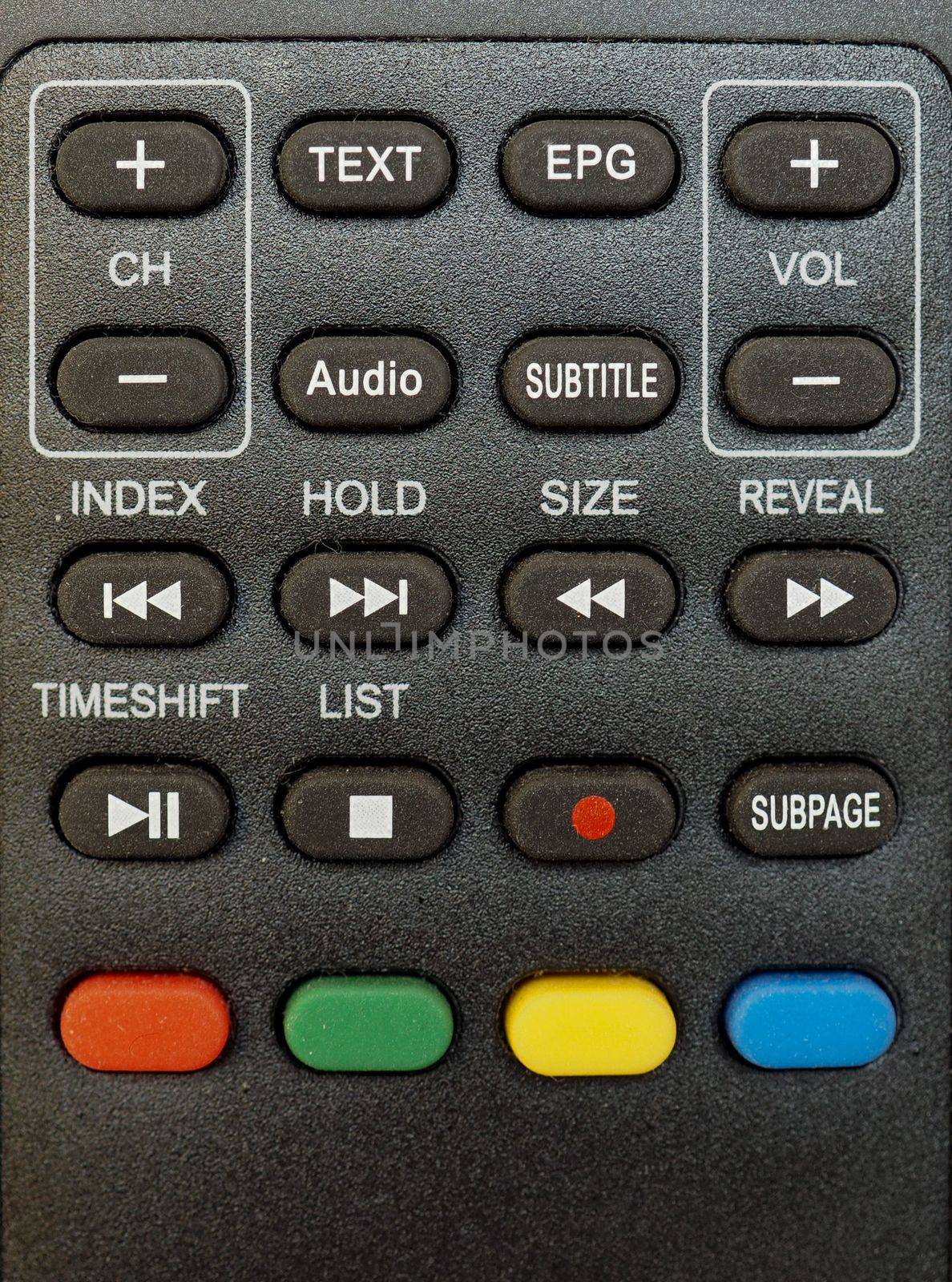 detail of digital terrestrial tv remote control with channel, volume and recording keys