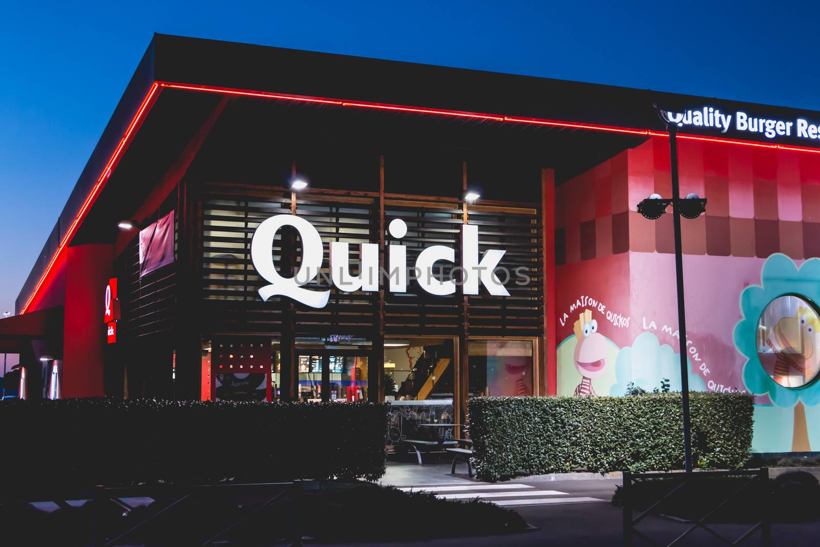 Olonne sur Mer, France - December 03, 2016 : Shop of the restaurant chain specialized in burgers "Quick" by night