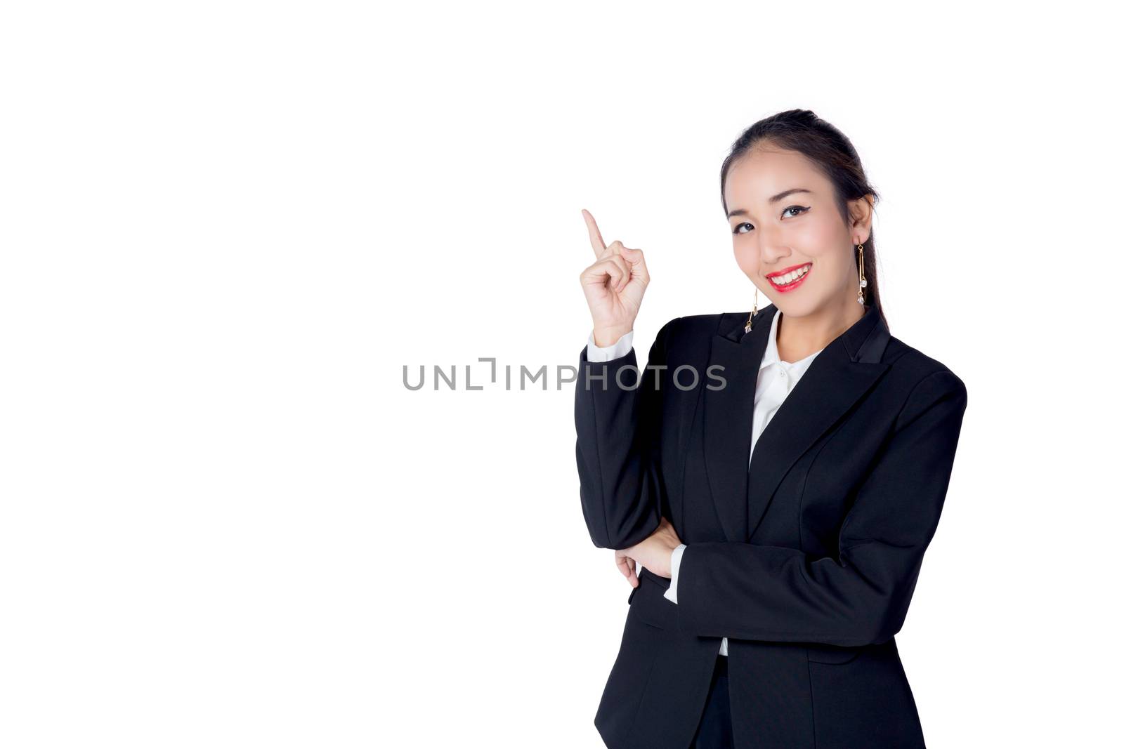 Young Buisness woman with finger point up on white background by nnudoo