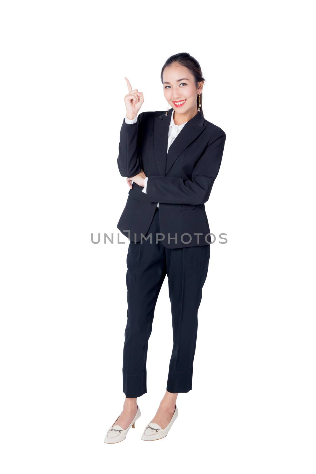 Young Buisness woman with finger point up on white background by nnudoo