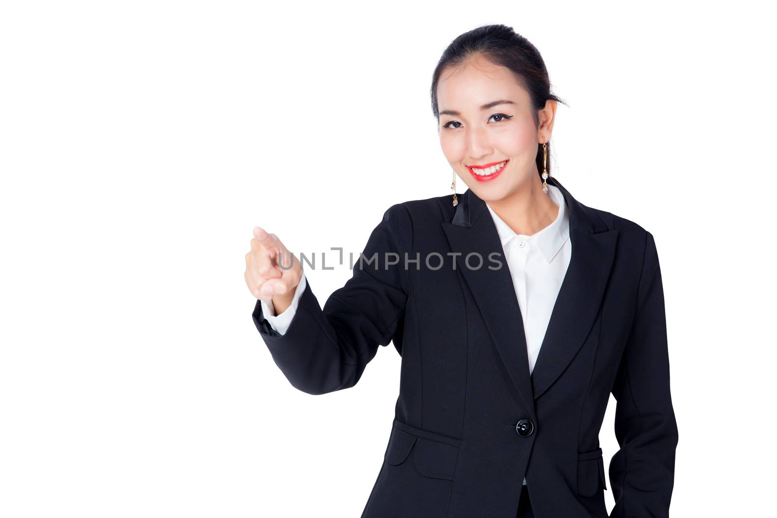 Young Buisness woman with finger point up on white background by nnudoo