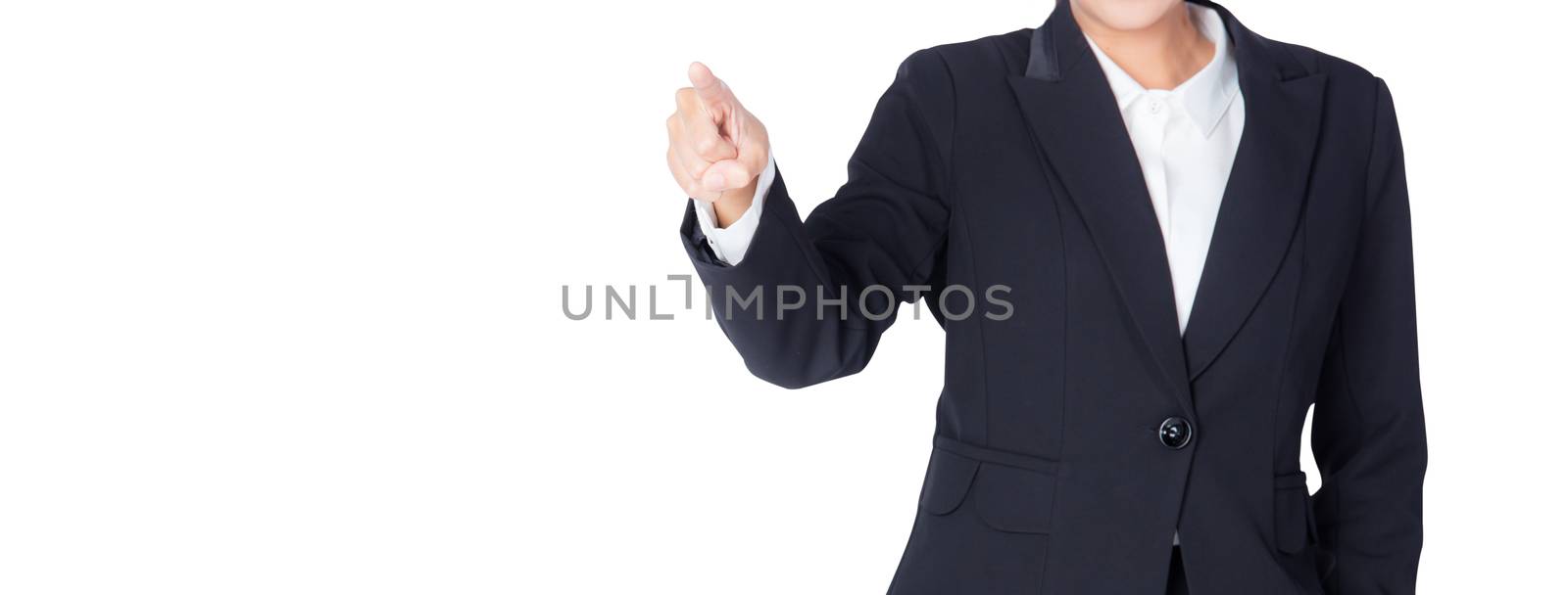 Young Buisness woman with finger point up on white background