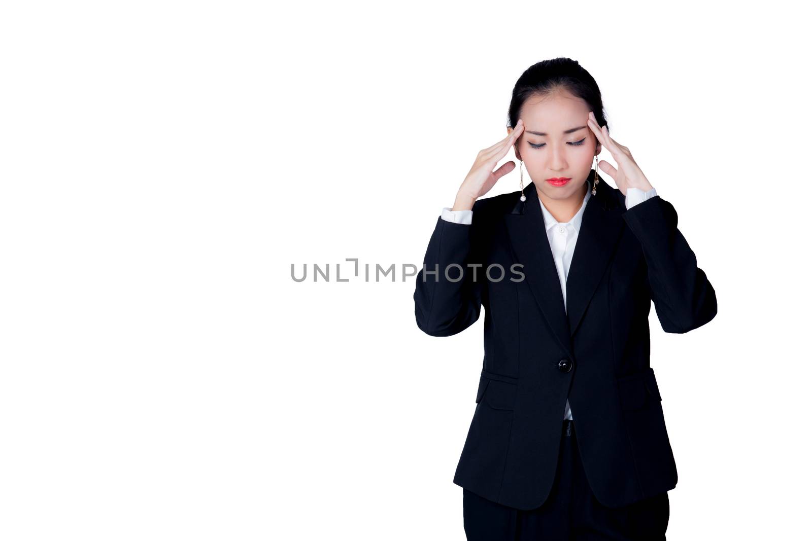 A young business woman have stress overworking with suffering from headache