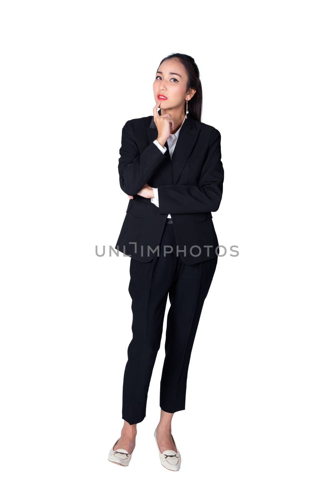 thinking business woman isolated on white background having an i by nnudoo