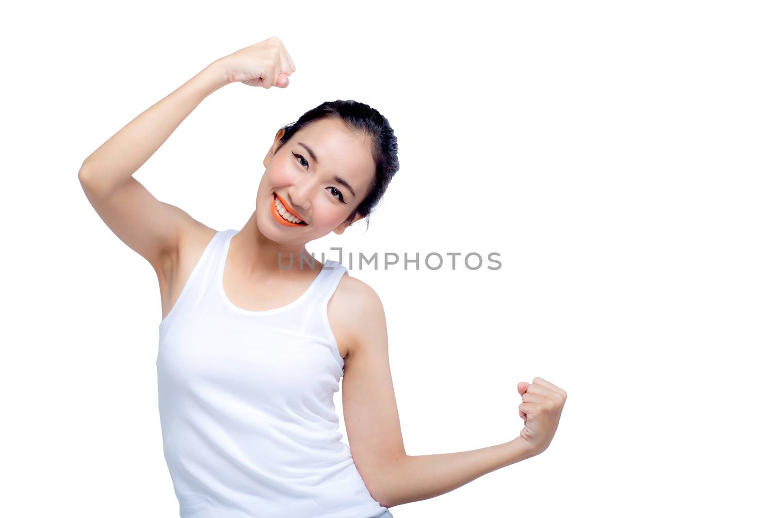 Woman showing her arm as a gesture for strength isolated over wh by nnudoo