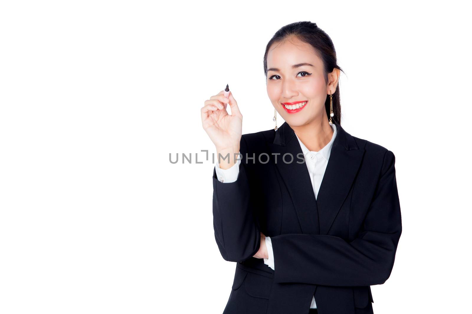 business woman writing on whiteboard with white copyspace
