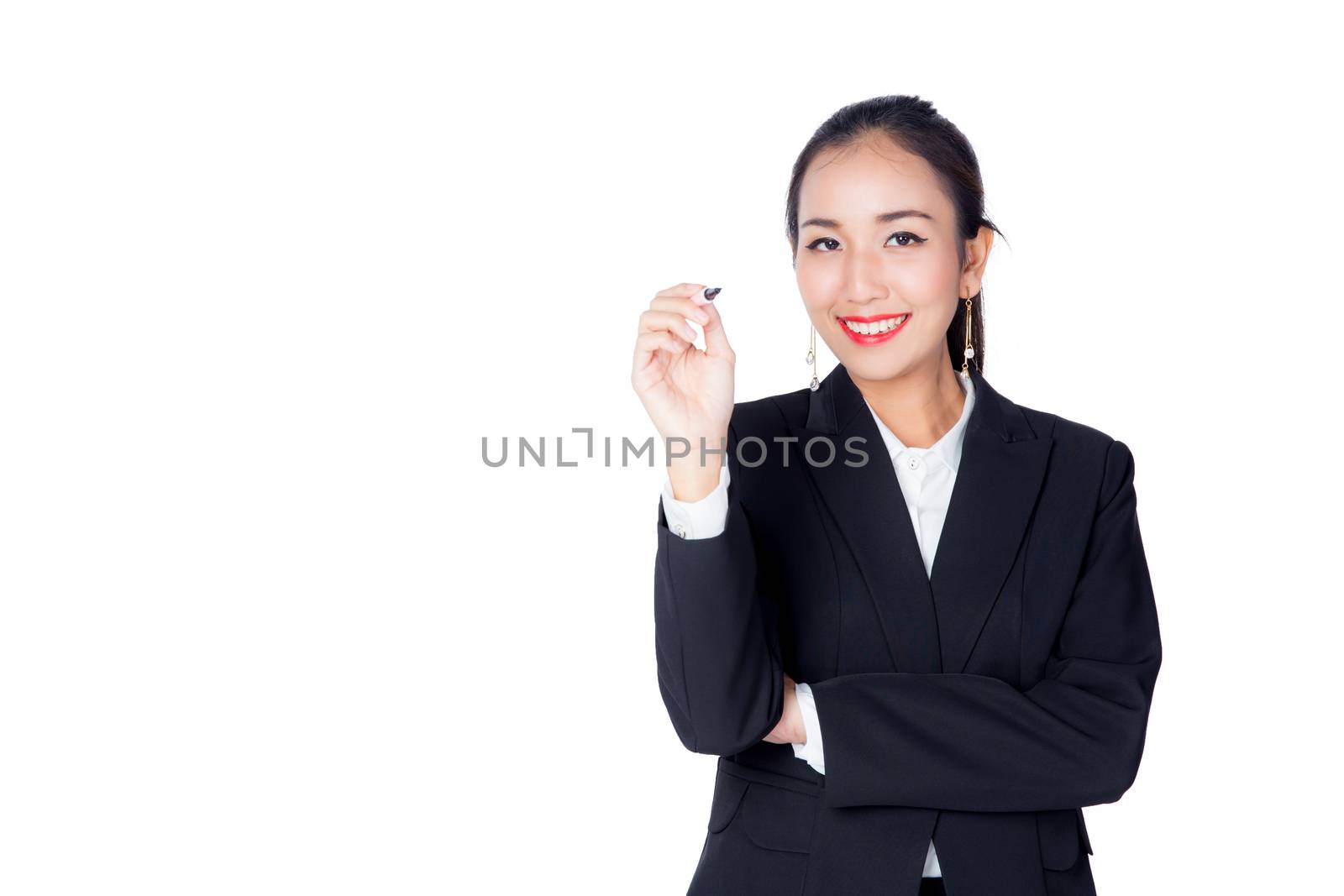 business woman writing on whiteboard with white copyspace