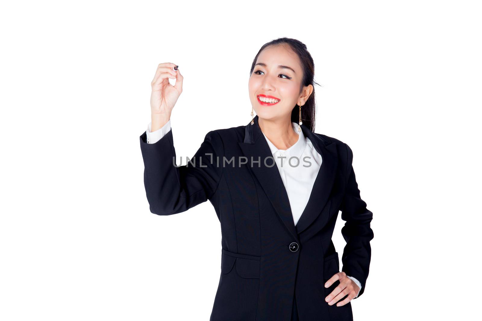 business woman writing on whiteboard with white copyspace
