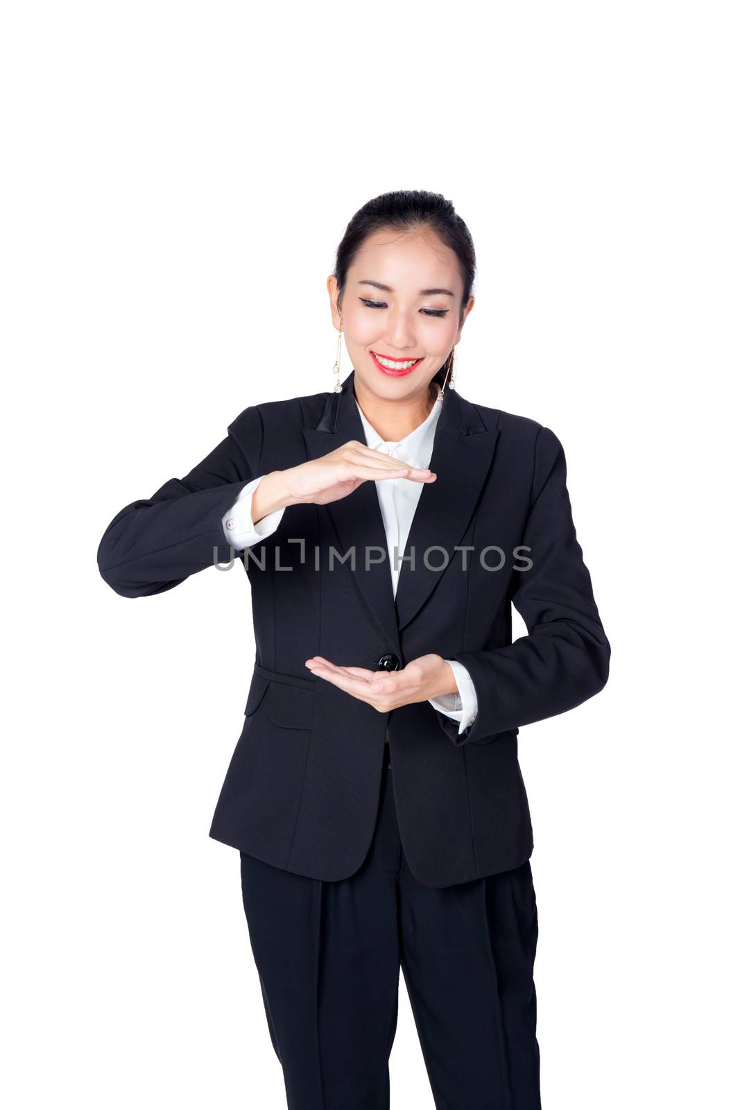 Business young girl show the gestures  with hand isolated on a white background