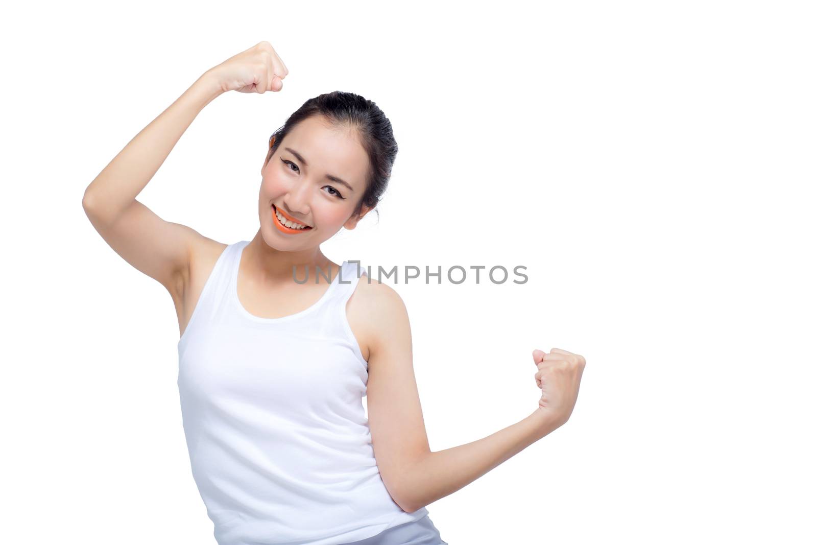 Woman showing her arm as a gesture for strength isolated over wh by nnudoo