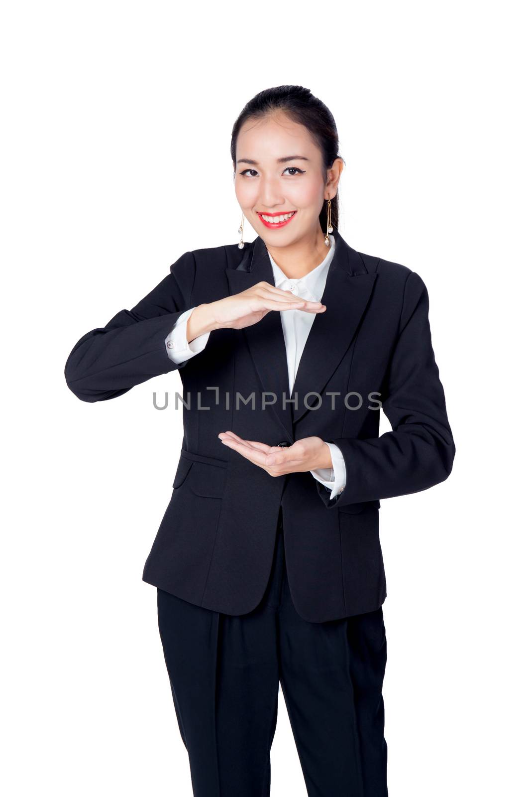 Business young girl show the gestures  with hand isolated on a w by nnudoo