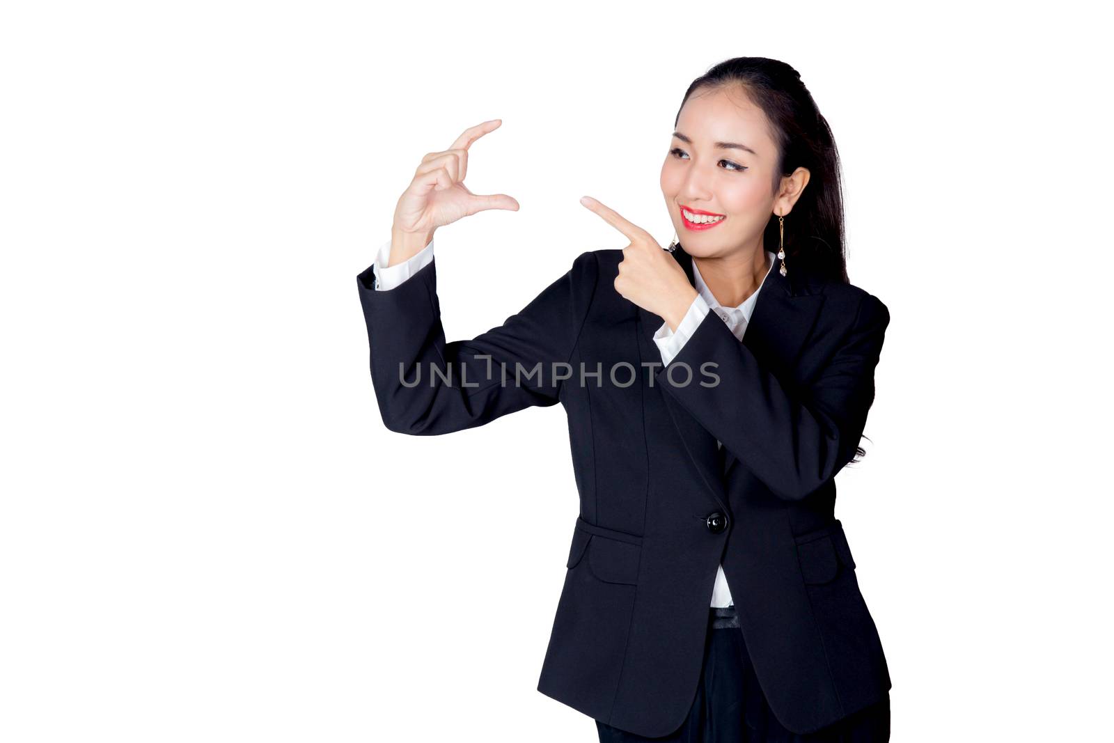 beautiful young asia businesswoman with gesture pointing something