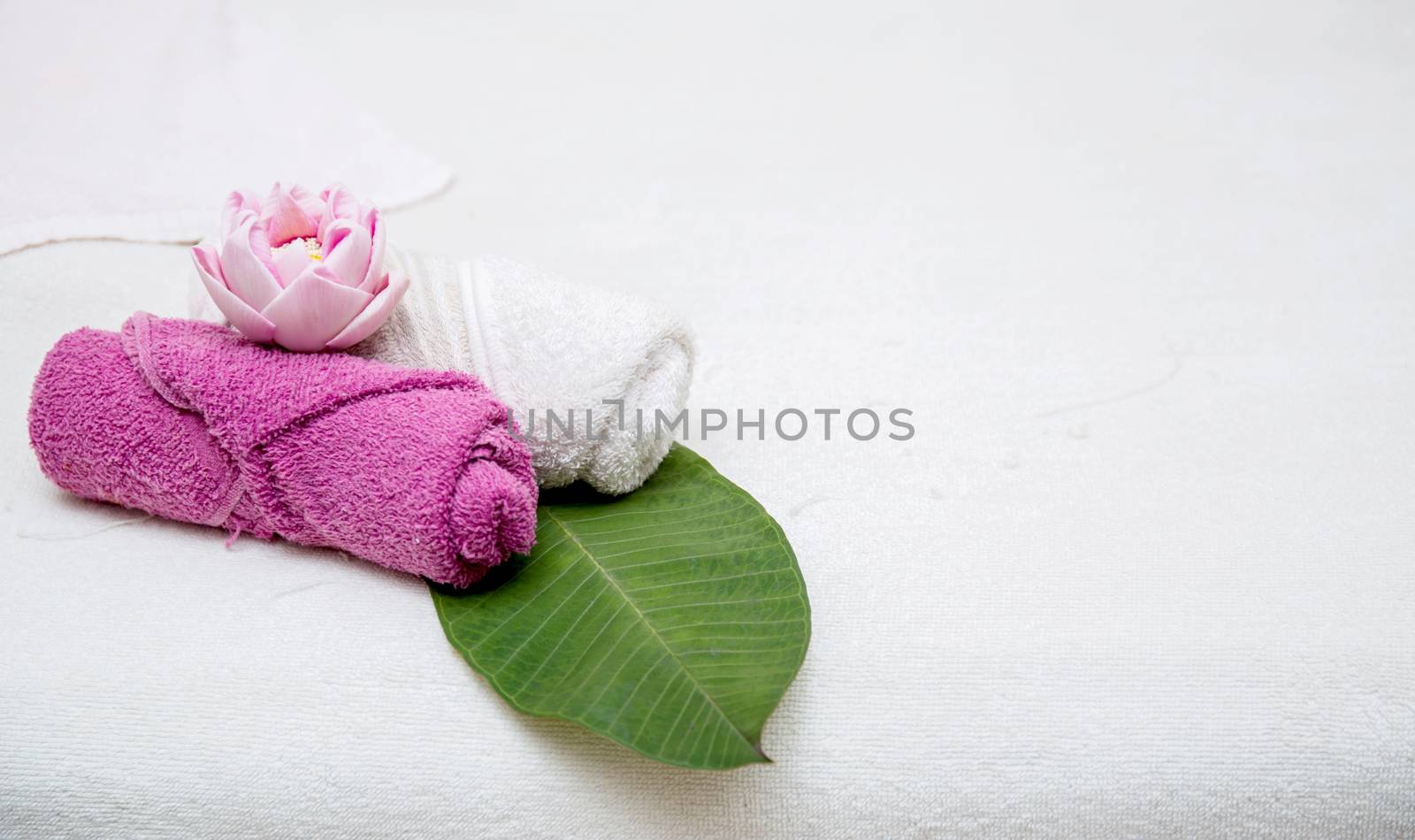 Rolled purple towel and flower with leaf by nnudoo