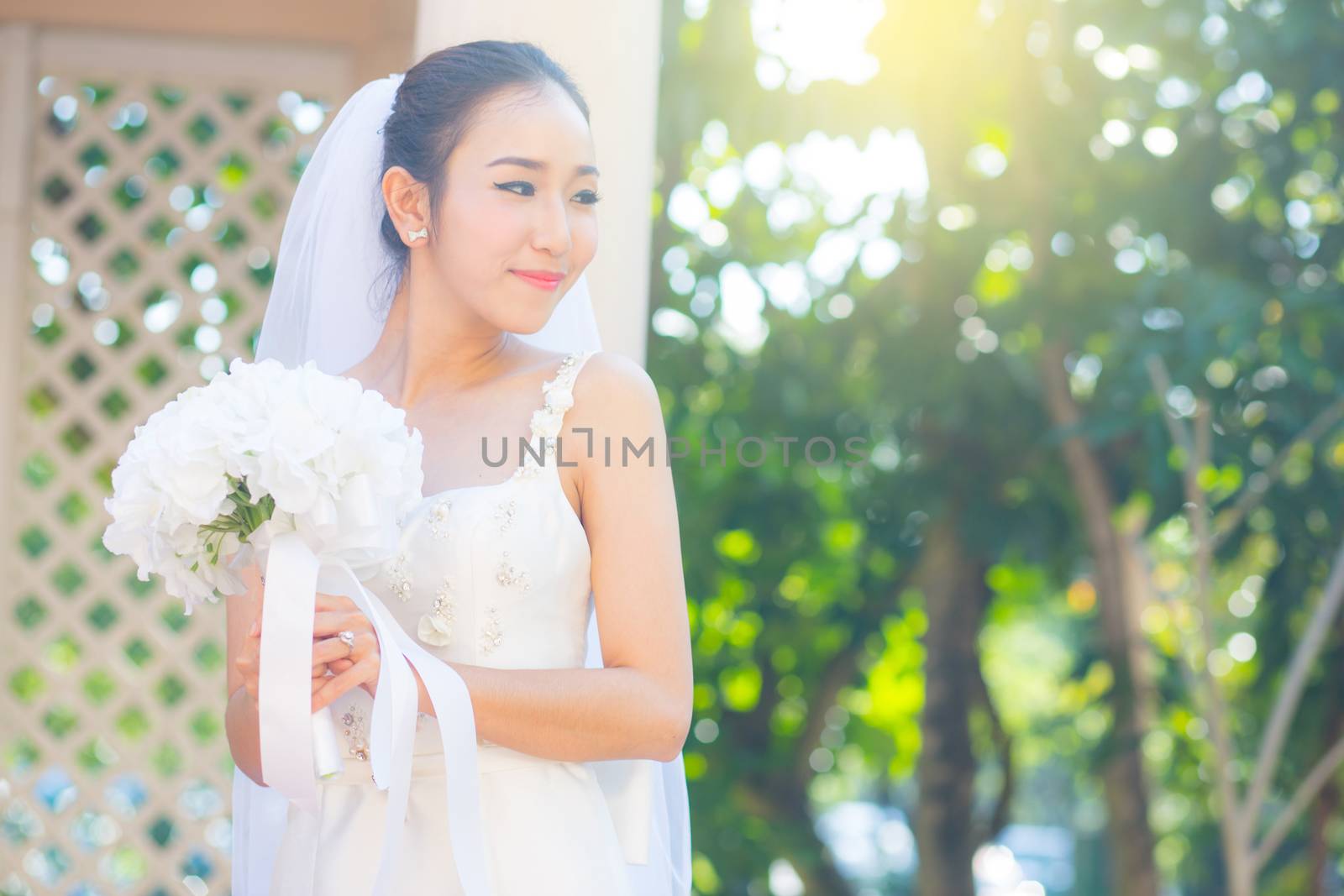 beautiful young woman on wedding day in white dress in the garden. Female portrait in the park.