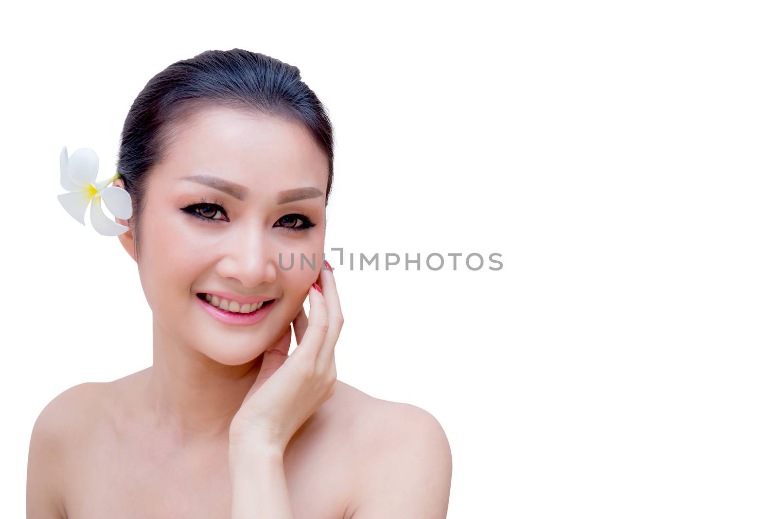 Beauty Woman face Portrait. Beautiful Spa model Girl with Perfect Fresh Clean Skin. female looking at camera and smiling. Youth and Skin Care Concept. Isolated on a white background