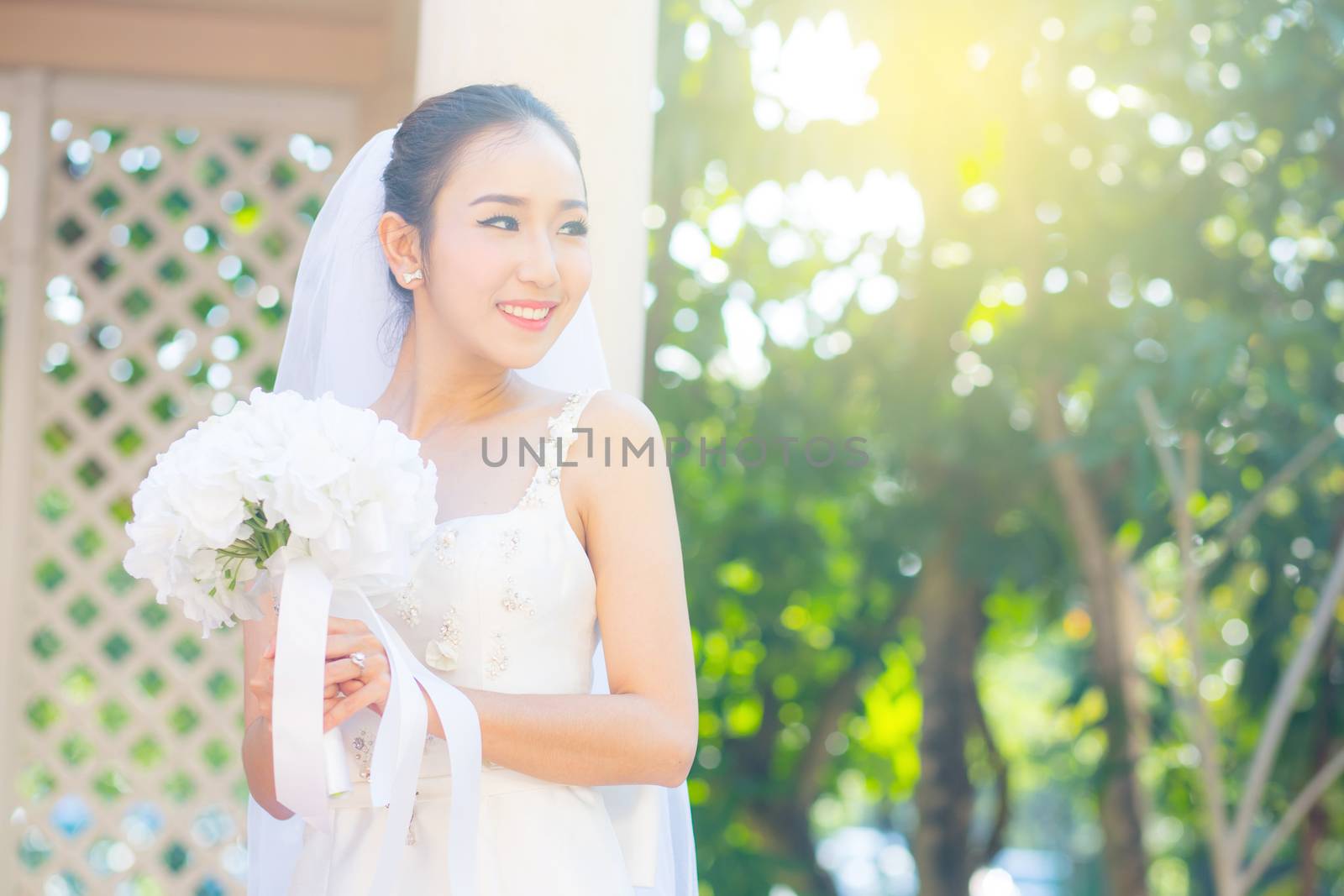 beautiful young woman on wedding day in white dress in the garden. Female portrait in the park.