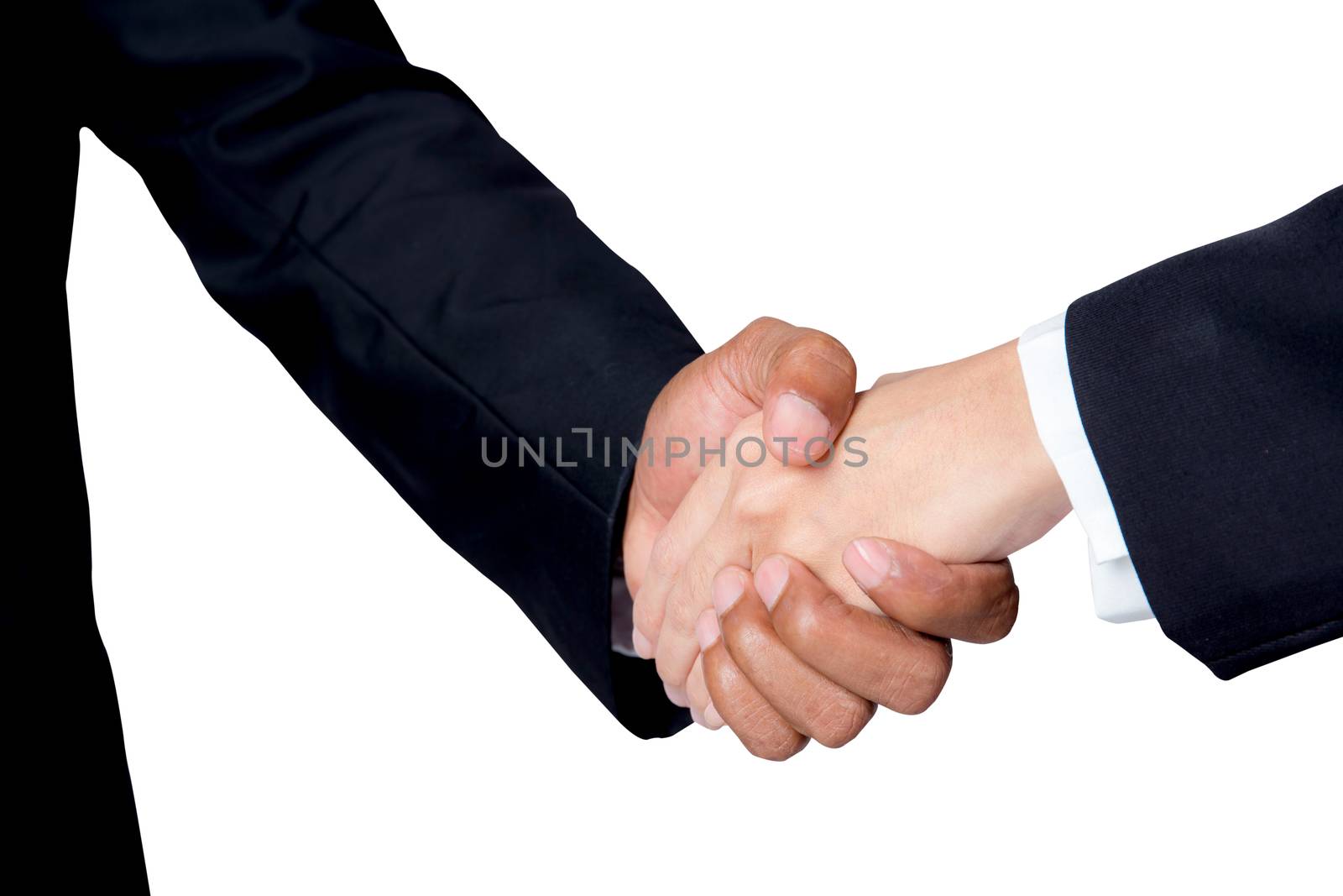 Hand shake between a businessman and a businesswoman isolated on white background