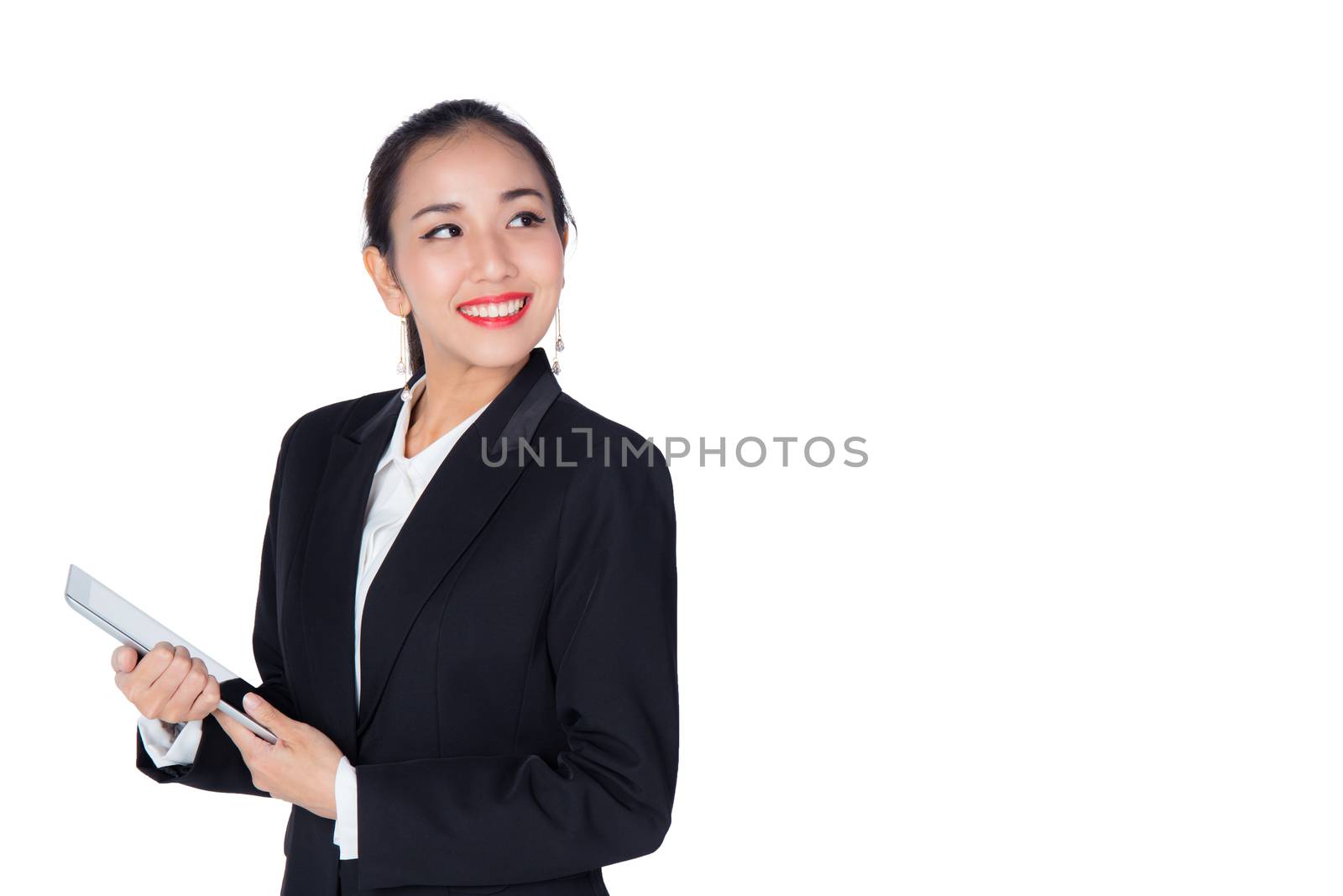 Young woman holding using touch pad tablet computer, isolated on by nnudoo