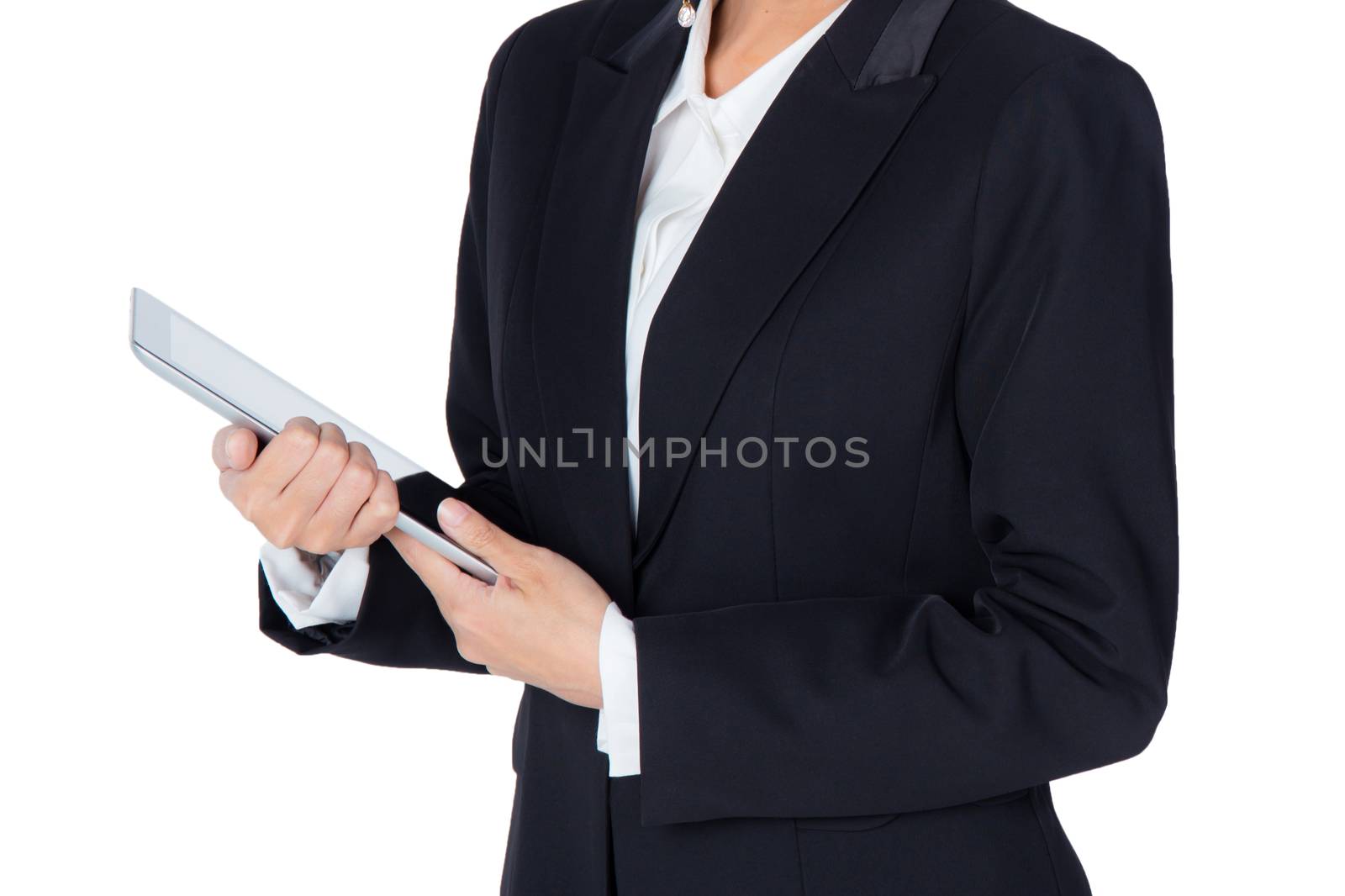 Young woman holding using touch pad tablet computer, isolated on by nnudoo