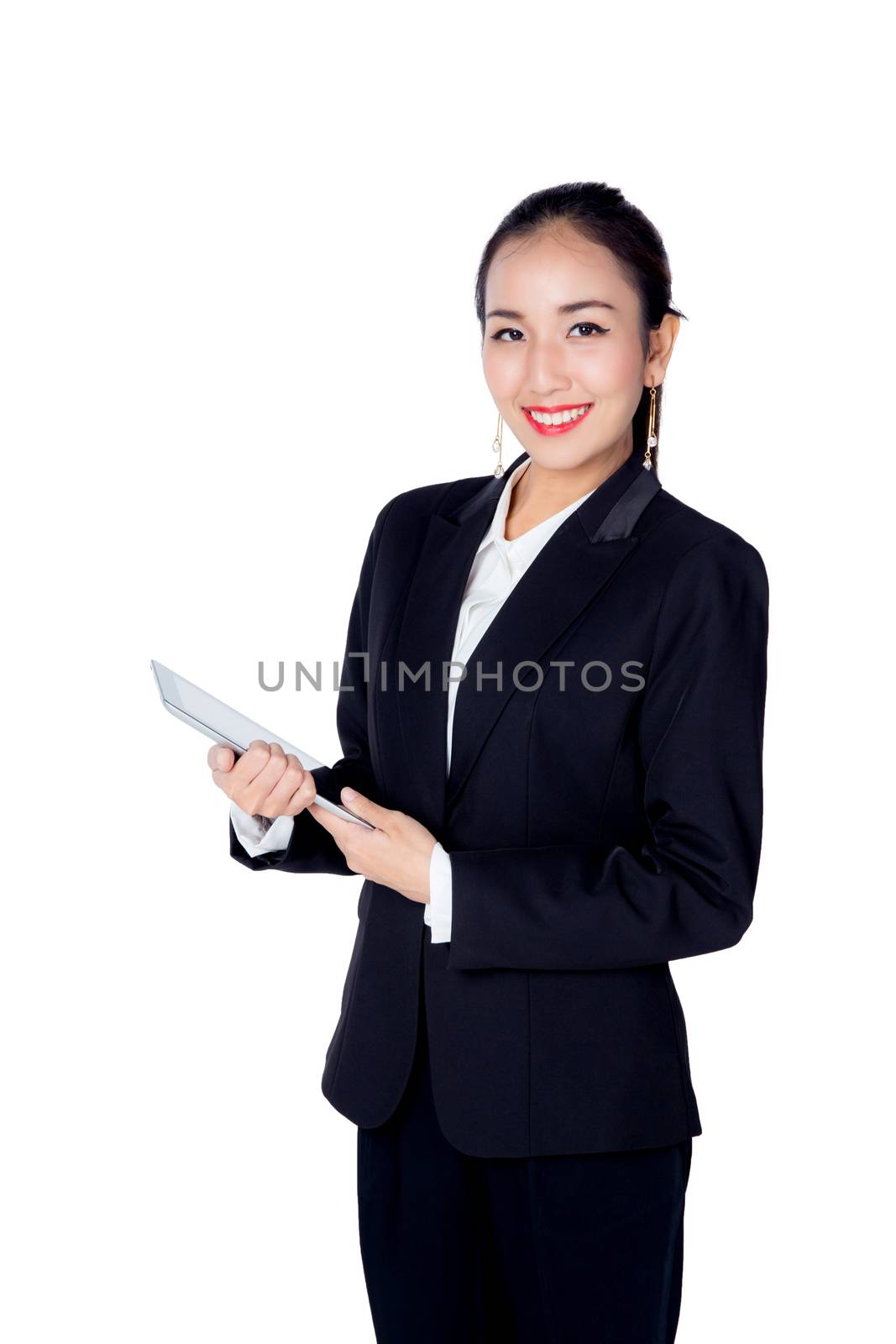 Young woman holding using touch pad tablet computer, isolated on white background, model is a asian beauty