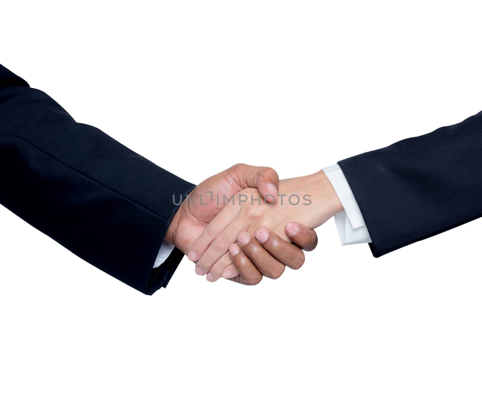 Hand shake between a businessman and a businesswoman isolated on by nnudoo