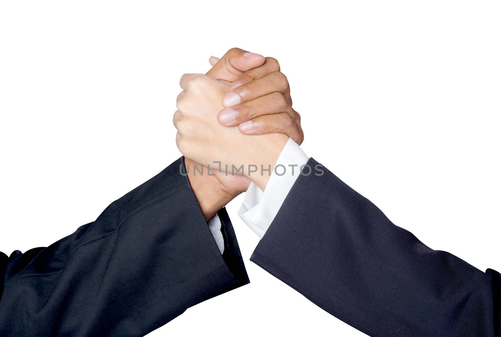 Hand shake between a businessman and a businesswoman isolated on by nnudoo