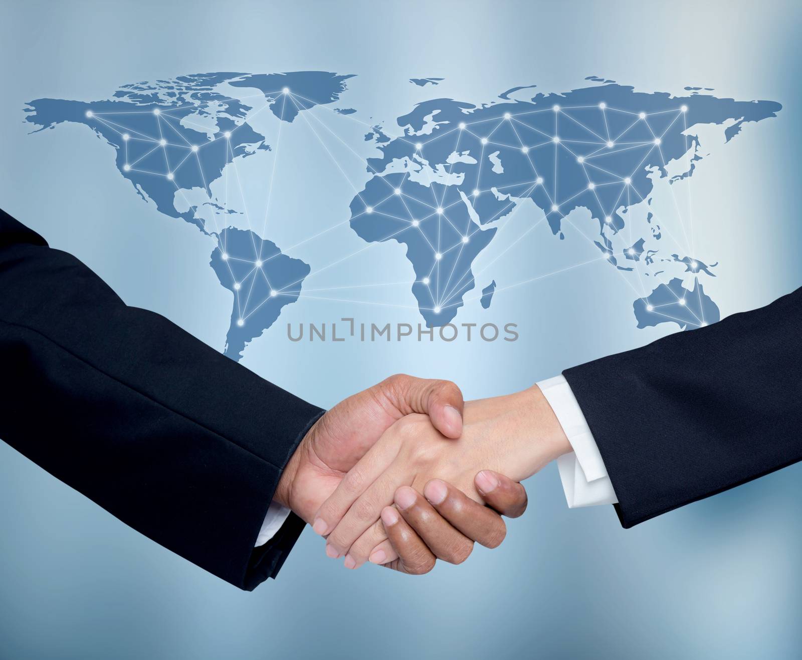 Business with people shaking hands with a global communication network background