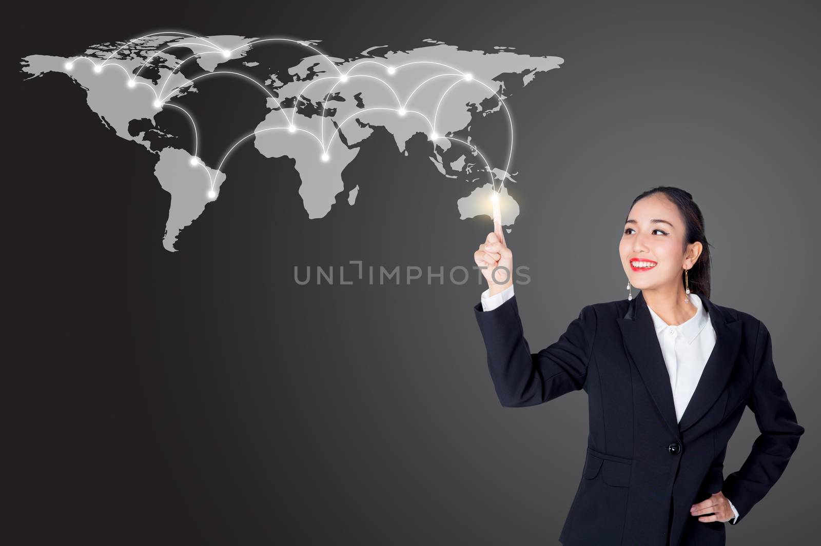 Businesswoman pointing with digital network line and circles, business technology concept, Elements of this image furnished by NASA