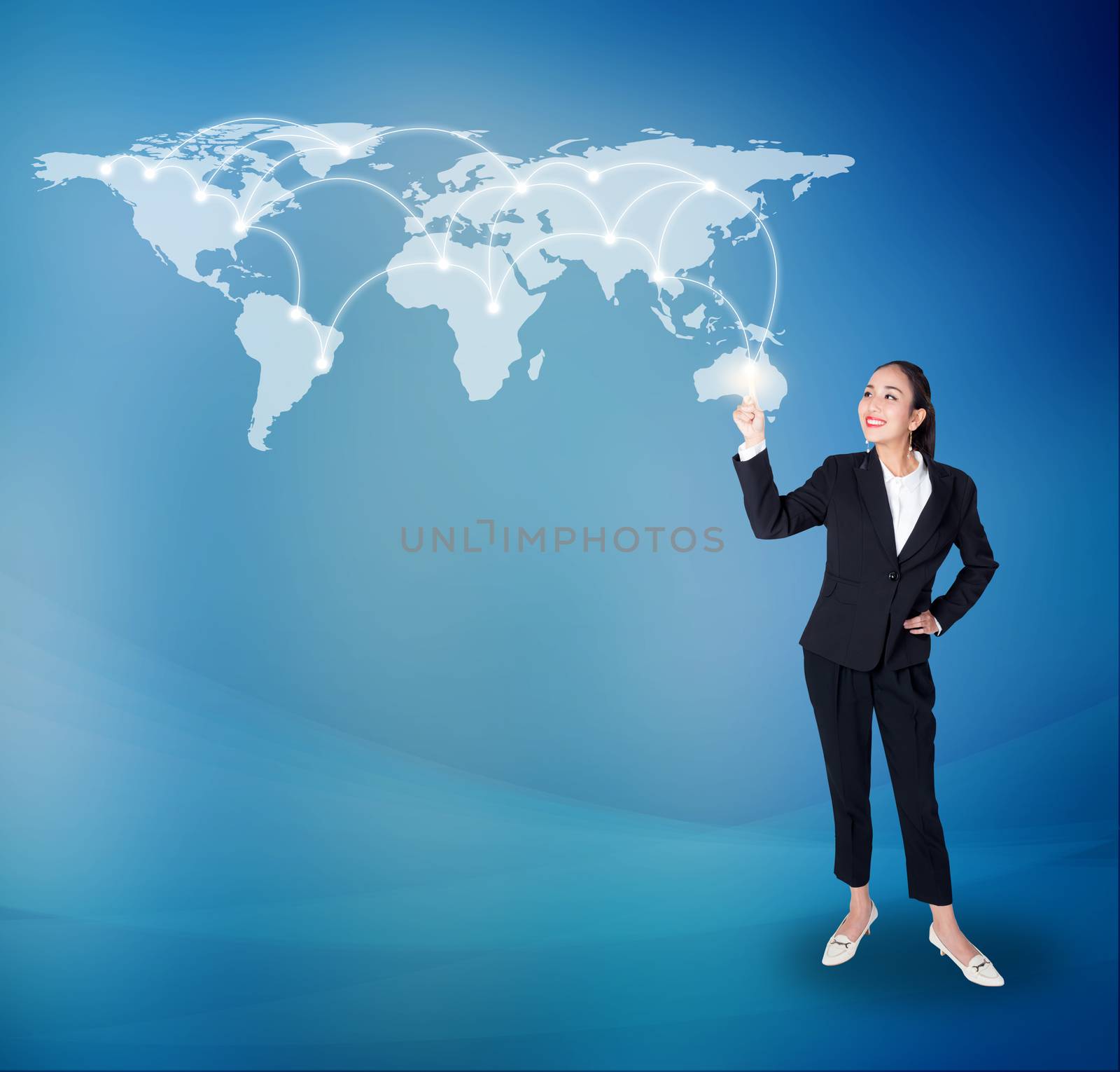 Businesswoman pointing with digital network line and circles, business technology concept, Elements of this image furnished by NASA