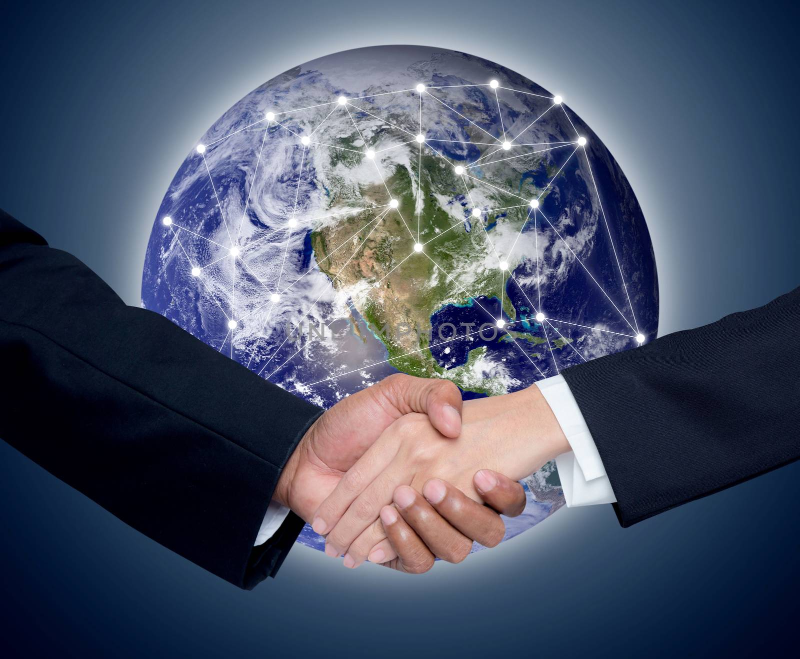 Business with people shaking hands with a global communication network background, Elements of this image furnished by NASA